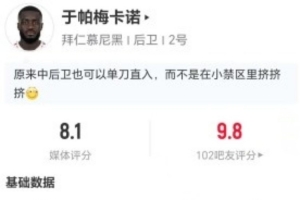 中卫大单刀破门！于帕本场1球+3解围4抢断2封堵 15对抗7成功